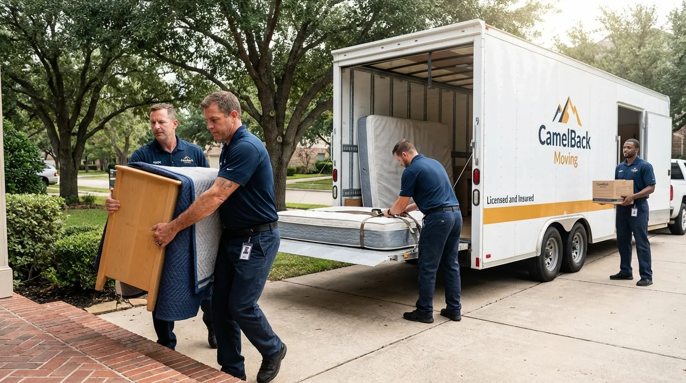 Crew loading residential truck for cross-state move from Rochester, MA