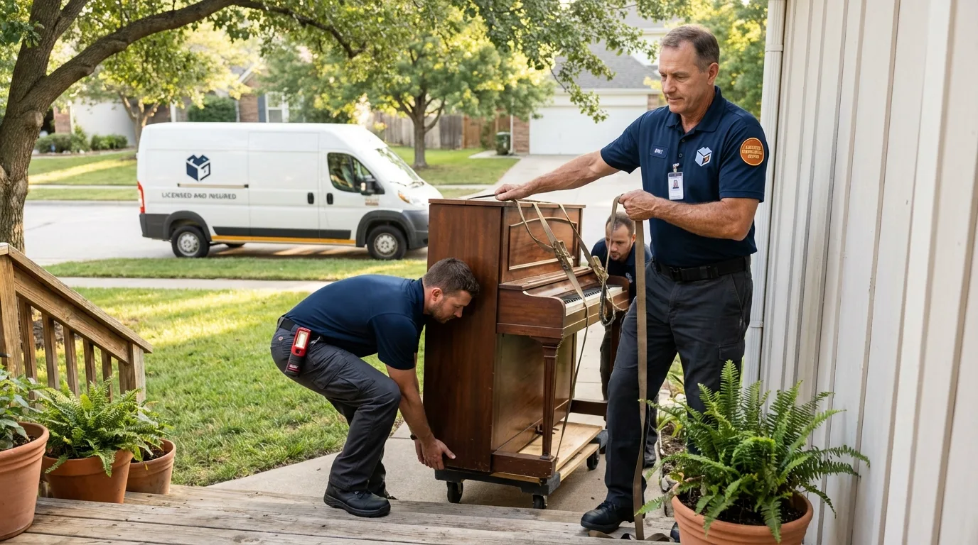 Licensed piano movers securing grand piano in Rochester, MA