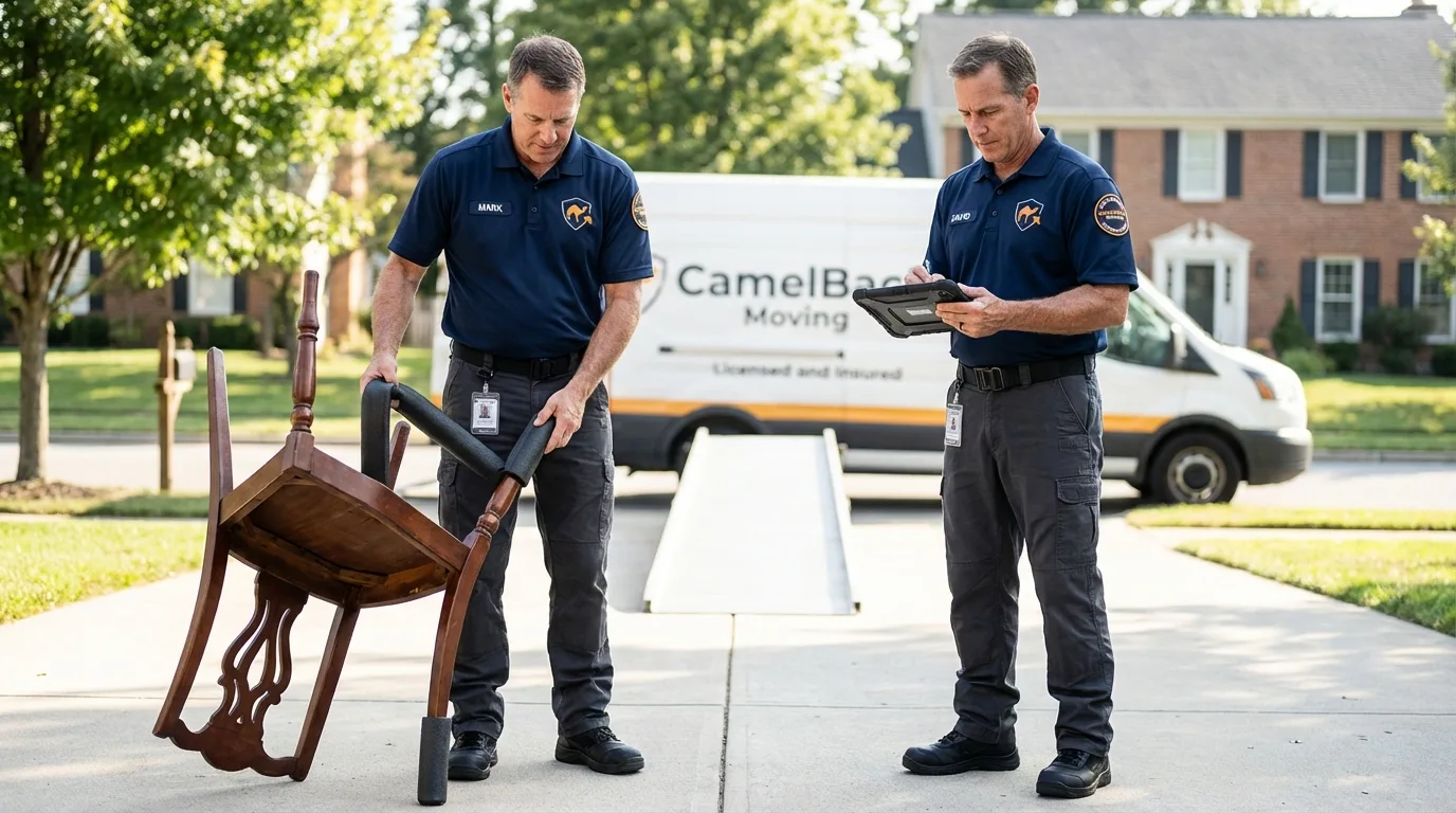 Movers inspecting furniture for damage prevention before loading in Rochester, MA