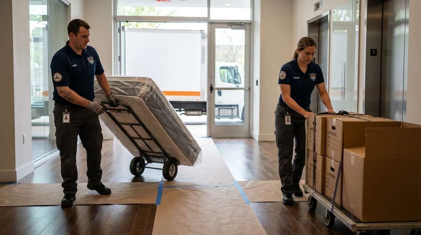Professional apartment movers loading elevator in Rochester, MA