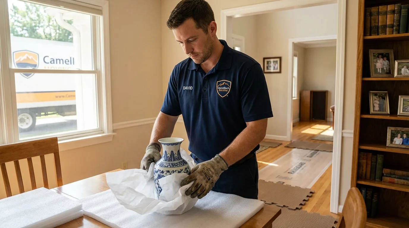 Professional crew carefully wrapping antique vase for senior downsizing move in Rochester, MA