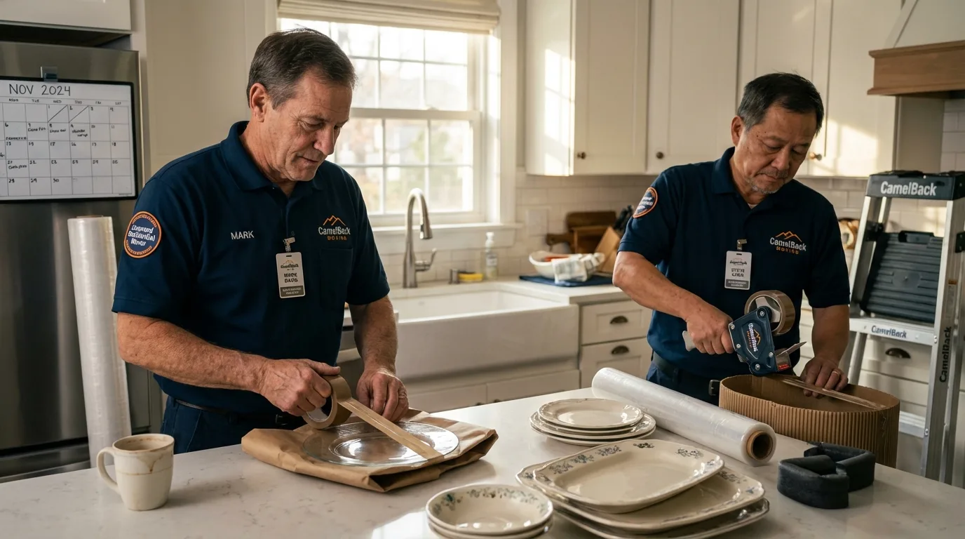 Professional crew packing kitchen dishware in Rochester, MA